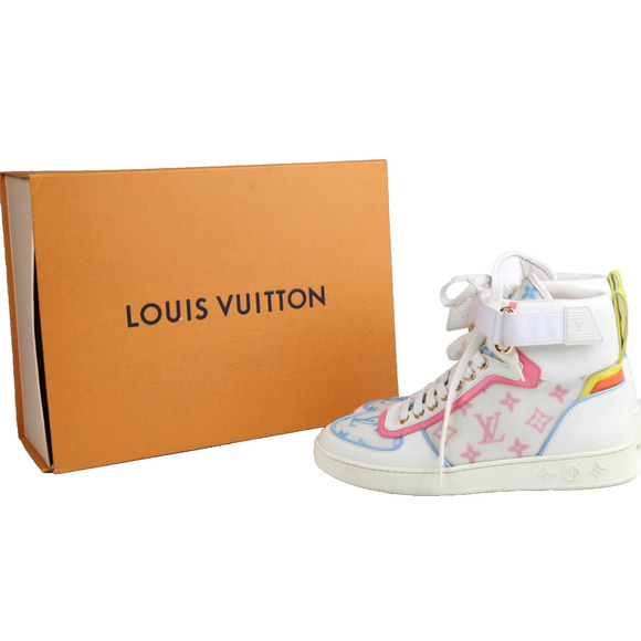 Louis Vuitton Lace Up Boombox High Top Sneakers Blue Pink White Leather LV Sz 37 - Picture 15 of 15
